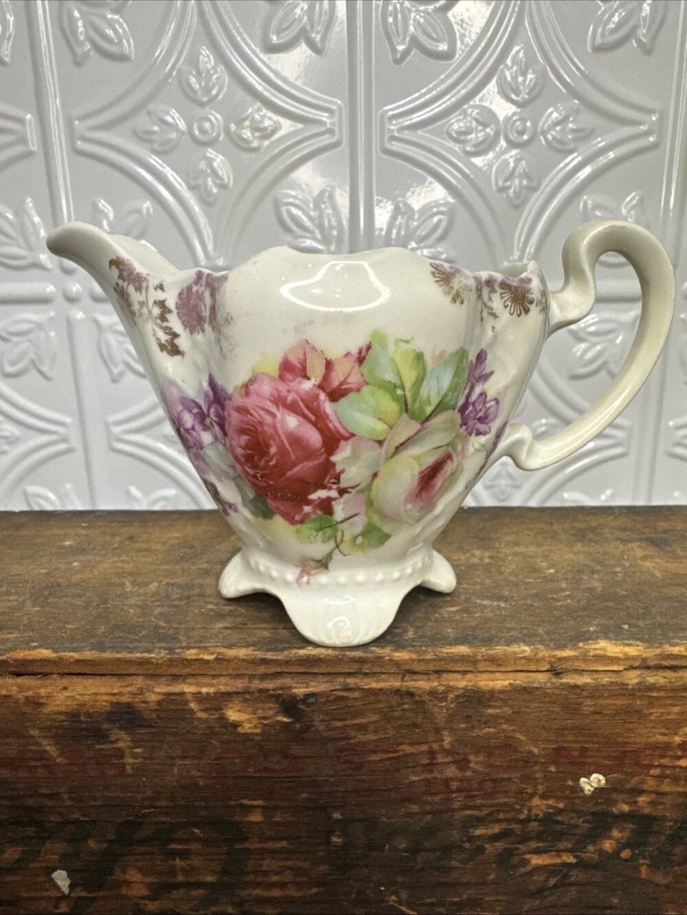 Vintage Creamer Pitcher Floral Design Roses Trim Made In Germany